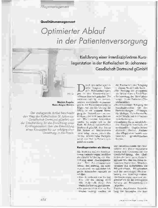 Vorschauseite 1: Optimierter Ablauf in der PatientenversorgungEinführung einer interdisziplinären Kurziegerstation in der Katholischen St.-Johannes-Gesellschaft Dortmund gGmbH