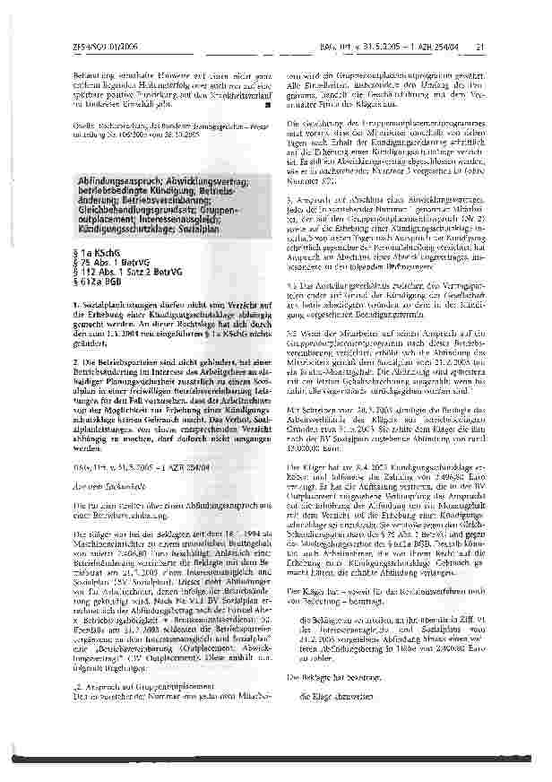 Vorschauseite 1: Abfindungsanspruch; Abwicklungsvertrag; betriebsbedingte Kündigung; Betriebsänderung; Betriebsvereinbarung; Gleichbenandlungsgrundsatz; Gruppen-outplacement; Interessenausgleich;…