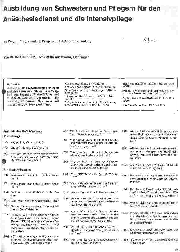 Vorschauseite 1: Ausbildung von Schwestern und Pflegern für den Anästhesiedienst u. die Intensivpflege // 44. Folge: Programmierte Fragenu. Antwortsammlung