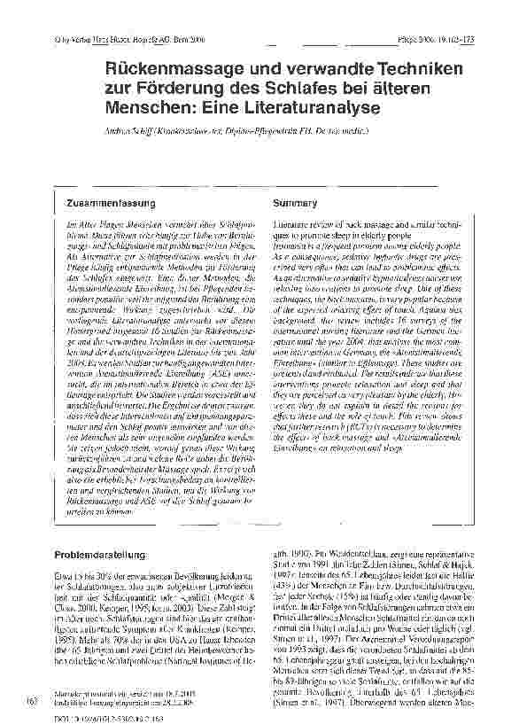 Vorschauseite 1: Rückenmassage und verwandte Techniken zur Förderung des Schlafes bei älteren Menschen: Eine Literaturanalyse