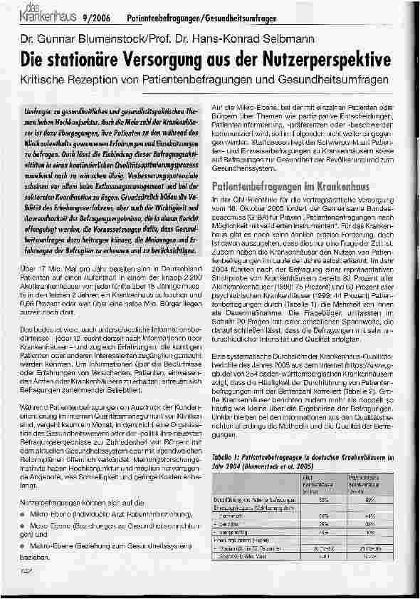 Vorschauseite 1: Die stationäre Versorgung aus der Nutzerperspektive