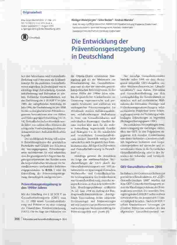 Vorschauseite 1: Die Entwicklung der Präventionsgesetzgebung in Deutschland