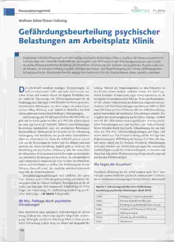 Vorschauseite 1: Gefährdungsbeurteilung psychischer Belastungen am Arbeitsplatz Klinik