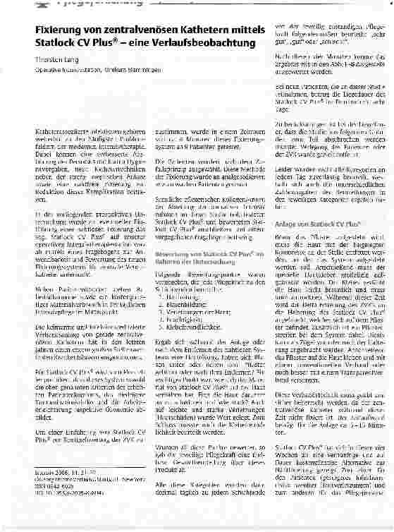 Vorschauseite 1: Fixierung von zentralvenösen Kathetern mittels Statlock CV Plus® - eine Verlaufsbeobachtung
