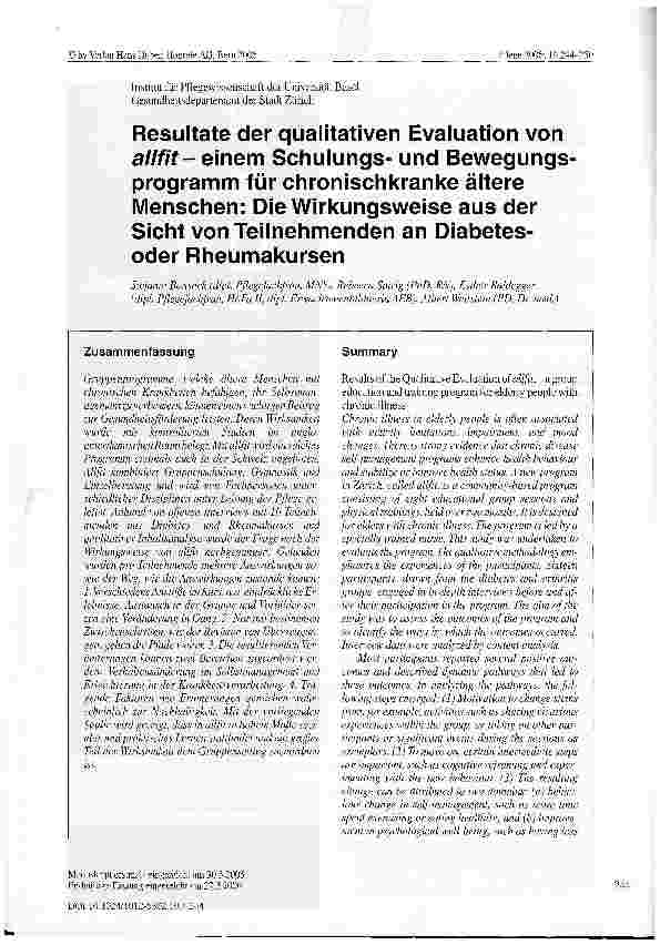Vorschauseite 1: Resultate der qualitativen Evaluation von allfiteinem Schulungsund Bewegungsprogramm für chronischkranke ältere Menschen: Die Wirkungsweise aus der Sicht von Teilnehmenden an Diab…