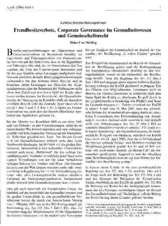 Vorschauseite 1: Fremdbesitzverbote, Corporate Governance im Gesundheitswesen und Gemeinschaftsrecht