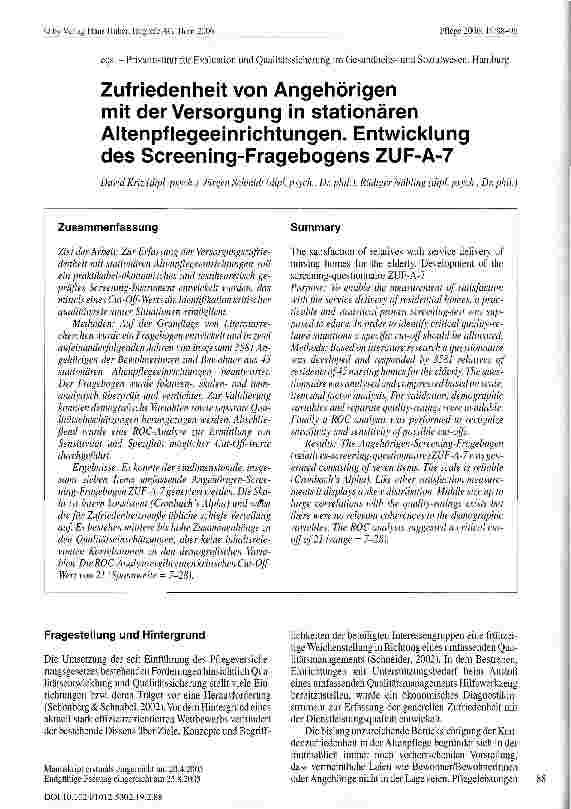 Vorschauseite 1: Zufriedenheit von Angehörigen mit der Versorgung in stationären Altenpflegeeinrichtungen. Entwicklung des Screening-Fragebogens ZUF-A-7