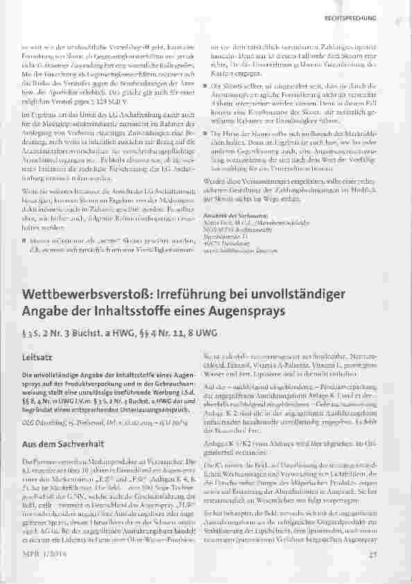 Vorschauseite 1: Wettbewerbsverstoß: Irreführung bei unvollständiger Angabe der Inhaltsstoffe eines Augensprays
