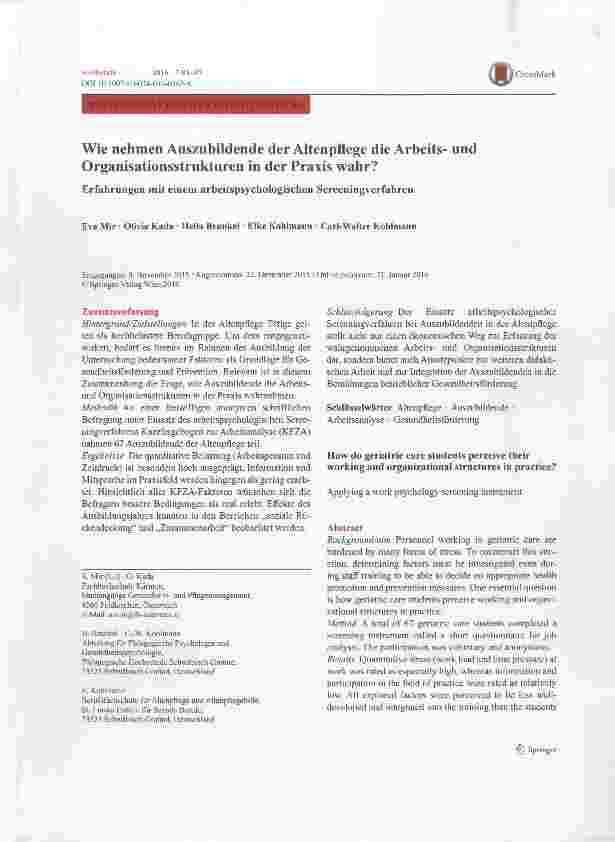 Vorschauseite 1: Wie nehmen Ausznbildende der Altenpflege die Arbeitsund Organisationsstrukturen in der Praxis wahr? Erfahrungen mit einem arbeitspsychologischen Screeningverfahren