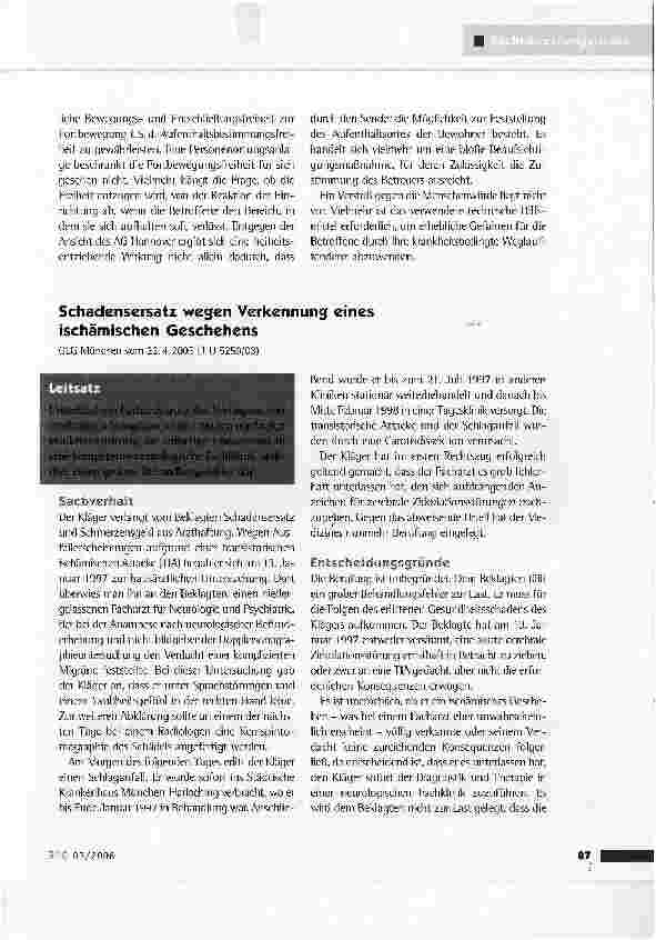 Vorschauseite 1: Schadensersatz wegen Verkennung eines ischämischen GeschehensOLG München vom 22.4.2005 (1 U 5250/03)
