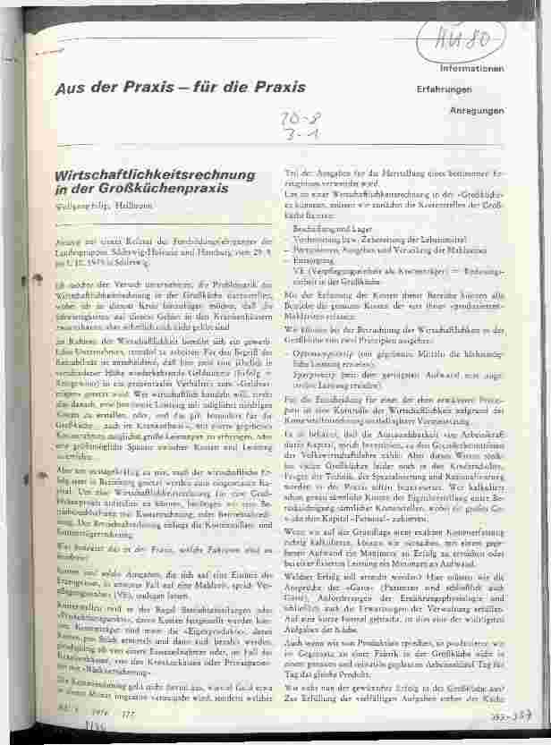 Vorschauseite 1: Aus der Praxis-für die Praxis Wirtschaftlichkeitsrechnung in der Großküchenpraxis