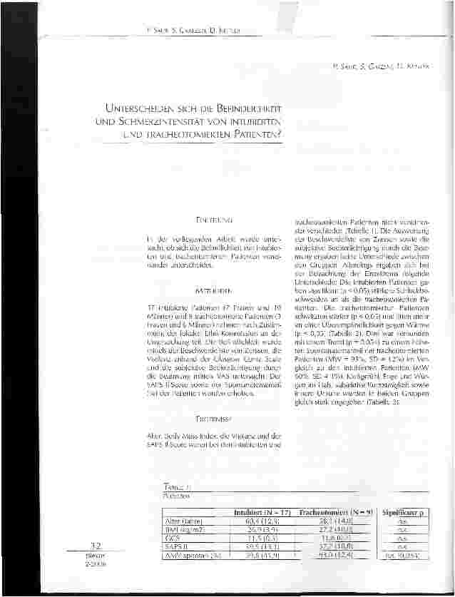 Vorschauseite 1: UNTERSCHEIDEN SICH DIE BEFINDLICHKEITUND SCHMERZINTENSITÄT VON INTUBIERTENUND TRACHEOTOMIERTEN PATIENTEN?