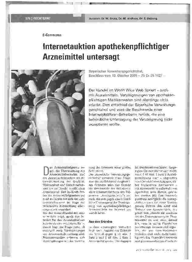 Vorschauseite 1: E-CommerceInternetauktion apothekenpflichtiger Arzneimittel untersagt
