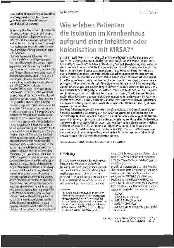 Vorschauseite 1: Wie erleben Patienten die Isolation im Krankenhaus aufgrund einer Infektion oder Kolonisation mit MRSA? *