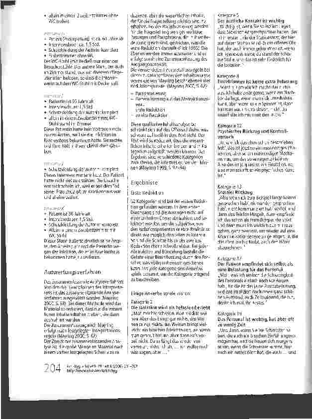 Vorschauseite 4: Wie erleben Patienten die Isolation im Krankenhaus aufgrund einer Infektion oder Kolonisation mit MRSA? *