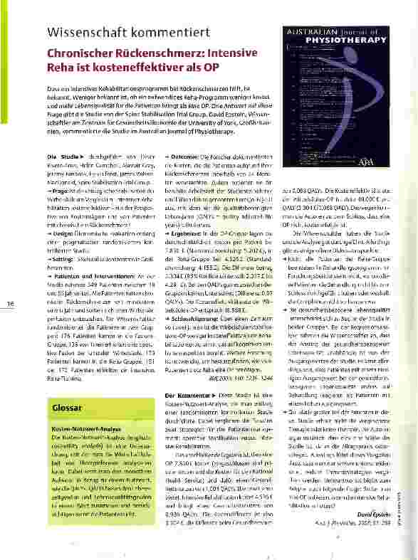 Vorschauseite 1: Wissenschaft kommentiert Chronischer Rückenschmerz: Intensive Reha ist kosteneffektiver als OP