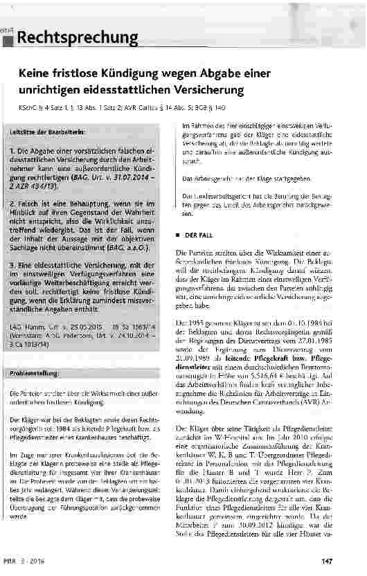 Vorschauseite 1: Keine fristlose Kündigung wegen Abgabe einer unrichtigen eidesstattlichen Versicherung