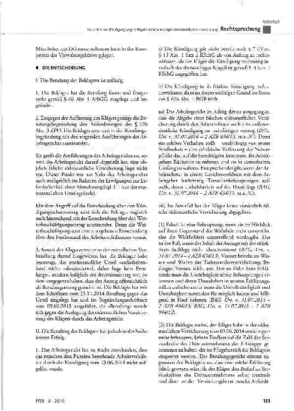 Vorschauseite 5: Keine fristlose Kündigung wegen Abgabe einer unrichtigen eidesstattlichen Versicherung