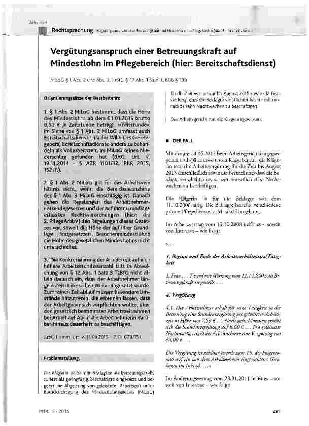 Vorschauseite 1: Vergütungsanspruch einer Betreuungskraft auf Mindestlohn im Pflegebereich (hier: Bereitschaftsdienst)