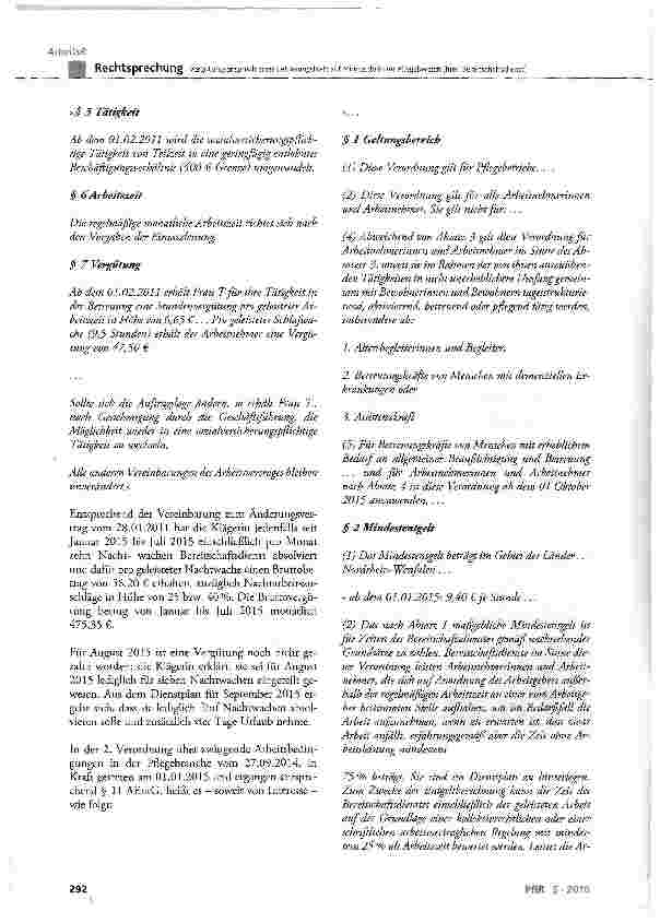 Vorschauseite 2: Vergütungsanspruch einer Betreuungskraft auf Mindestlohn im Pflegebereich (hier: Bereitschaftsdienst)