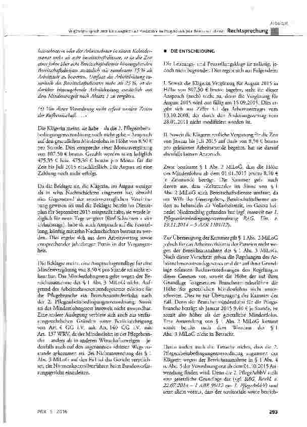 Vorschauseite 3: Vergütungsanspruch einer Betreuungskraft auf Mindestlohn im Pflegebereich (hier: Bereitschaftsdienst)