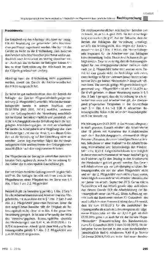 Vorschauseite 5: Vergütungsanspruch einer Betreuungskraft auf Mindestlohn im Pflegebereich (hier: Bereitschaftsdienst)