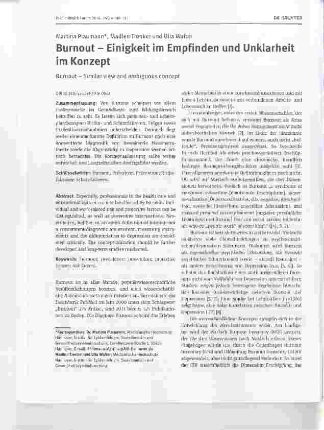 Vorschauseite 1: Burnout - Einigkeit im Empfinden und Unklarheit im Konzept