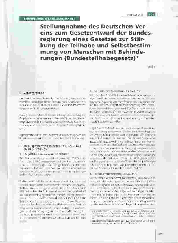 Vorschauseite 1: Stellungnahme des Deutschen Vereins zum Gesetzentwurf der Bundesregierung eines Gesetzes zur Stärkung der Teilhabe und Selbstbestimmung von Menschen mit Behinderungen (Bundesteilh…