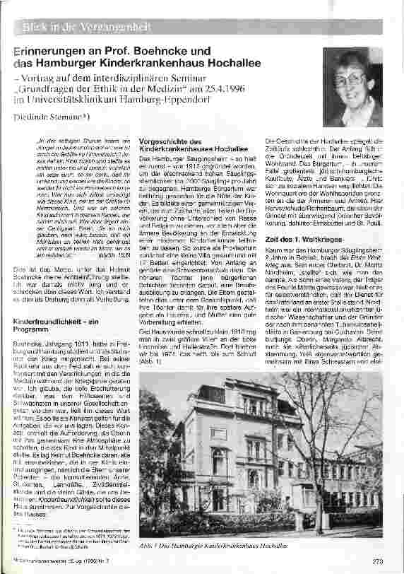 Vorschauseite 1: Erinnerungen an Prof. Boehncke und das Hamburger Kinderkrankenhaus Hochallee -Vortrag auf dem interdisziplinären Seminar Grundfragen der Ethik in der MedizinMedizin