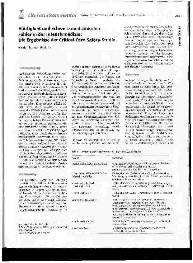 Vorschauseite 1: Häufigkeit und Schwere medizinischer Fehler in der Intensivmedizin: Die Ergebnisse der Critical-Care-Safety-Studie