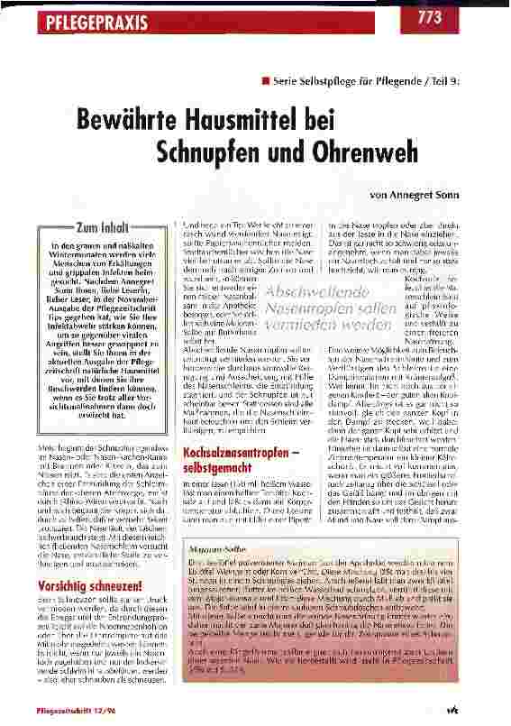 Vorschauseite 1: Bewährtes Hausmittel bei Schnupfen und Ohrenweh Serie Selbstpflege für Pflegende / Teil 9