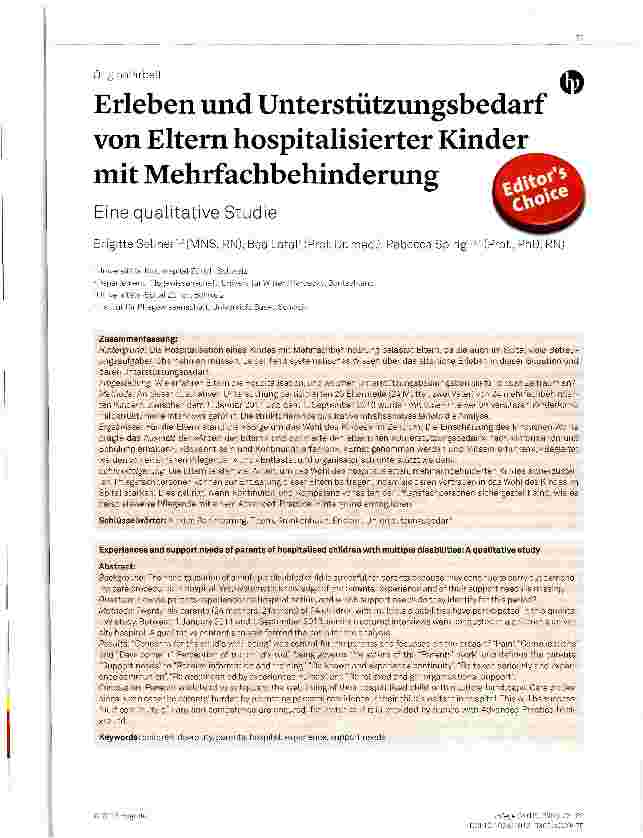 Vorschauseite 1: Erleben und Unterstützungsbedarf von Eltern hospitalisierter Kinder mit Mehrfachbehinderung