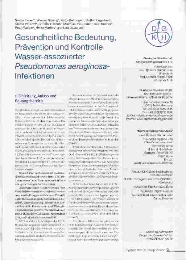 Vorschauseite 1: Gesundheitliche Bedeutung, Prävention und Kontrolle Wasserassoziierter Pseudomonas aeruginosa- Infektionen