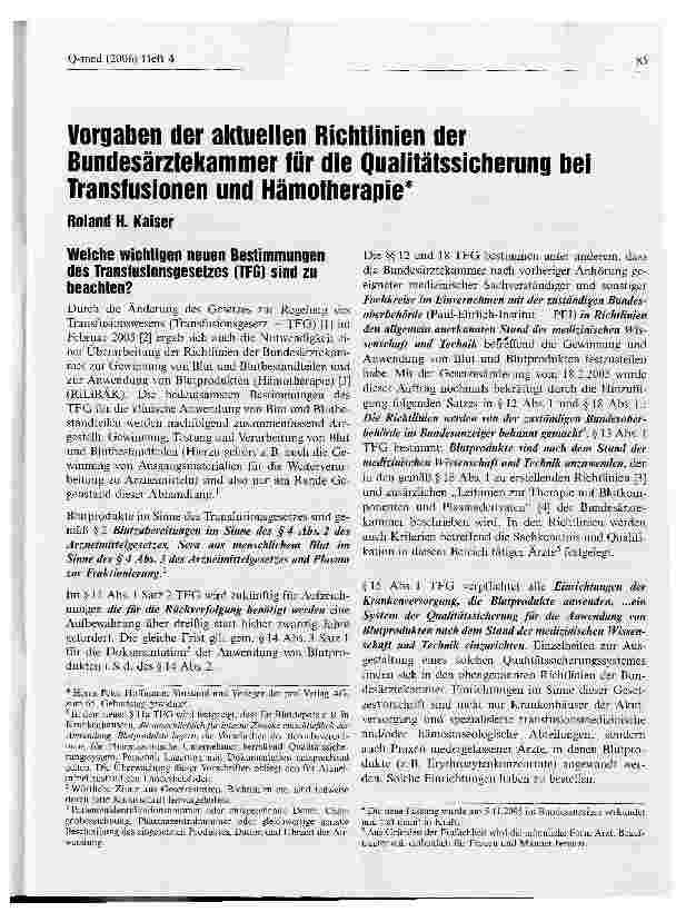Vorschauseite 1: Vorgaben der aktuellen Richtlinien der Bundesärztekammer für die Qualitätssicherung bei Transfusionen und Hämotherapie*
