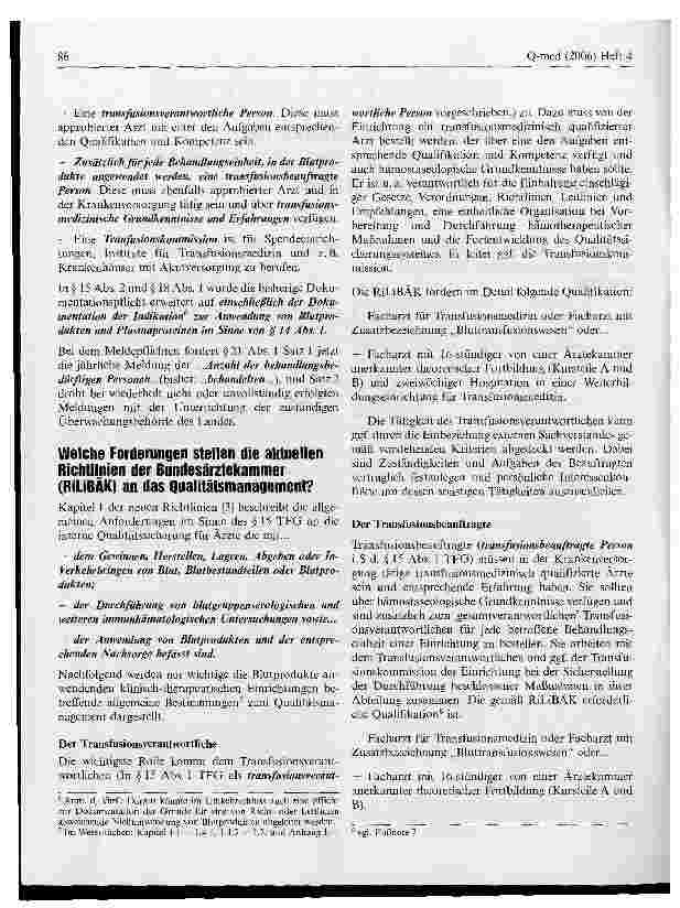 Vorschauseite 2: Vorgaben der aktuellen Richtlinien der Bundesärztekammer für die Qualitätssicherung bei Transfusionen und Hämotherapie*