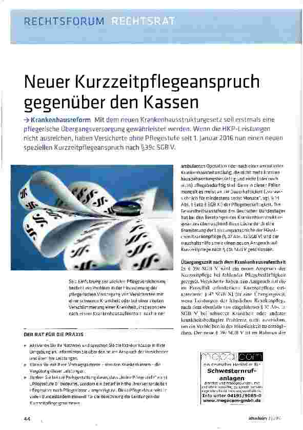 Vorschauseite 1: Neuer Kurzzeitpflegeanspruch gegenüber den Kassen