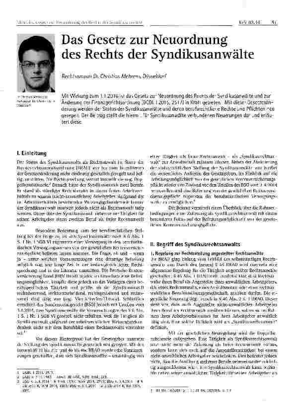 Vorschauseite 1: Das Gesetz zur Neuordnung des Rechts der Syndikusanwalte