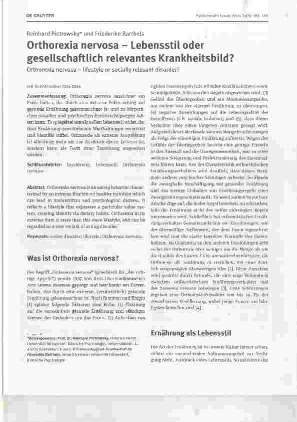 Vorschauseite 1: Orthorexia nervosa Lebensstil oder gesellschaftlich relevantes Krankheitsbild?