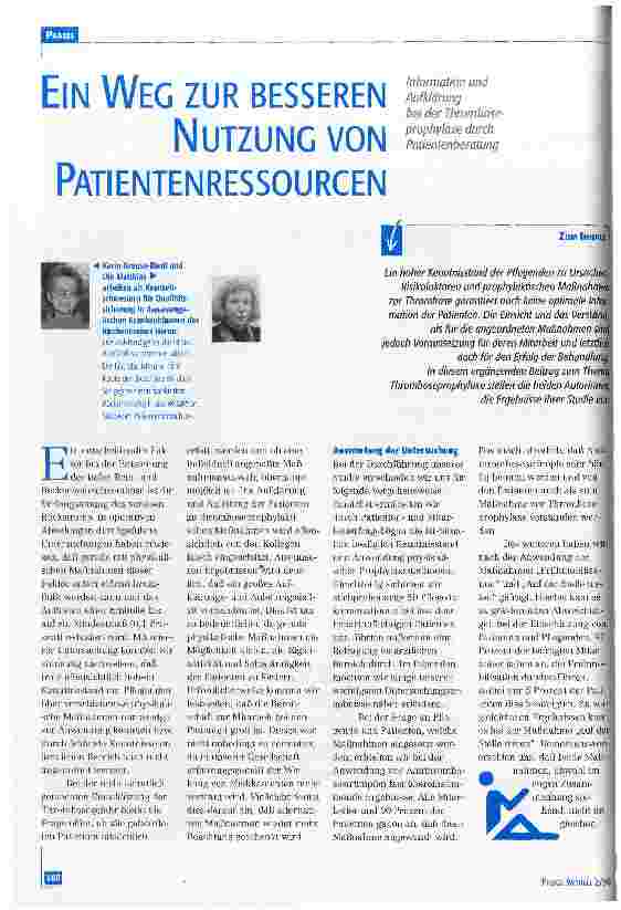 Vorschauseite 1: Ein Weg zur besseren Nutzung von Patientenressourcen Information und Aufklärung bei der Thromoseprophylaxe durch Patientenberatung