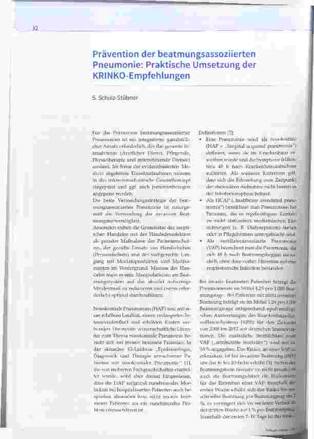 Vorschauseite 1: Prävention der beatmungsassoziierten Pneumonie: Praktische Umsetzung der KRINKO-Empfehlungen