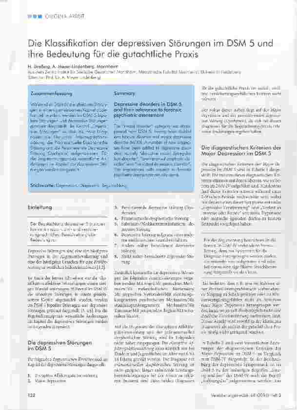 Vorschauseite 1: Die Klassifikation der depressiven Störungen im DSM 5 und ihre Bedeutung für die gutachtliche Praxis