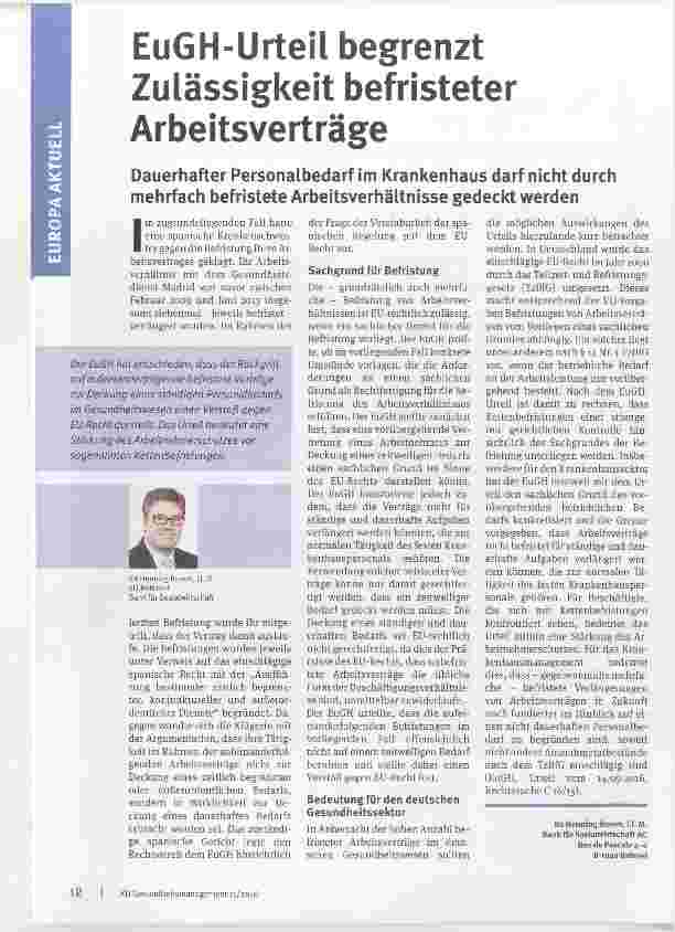Vorschauseite 1: EuGH-Urtel begrenzt Zulässigkeit befristeter Arbeitsverträge