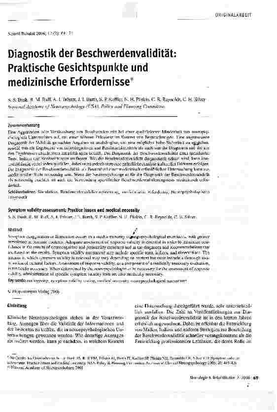 Vorschauseite 1: Diagnostik der Beschwerdenvalidität: Praktische Gesichtspunkte und medizinische Erfordernisse