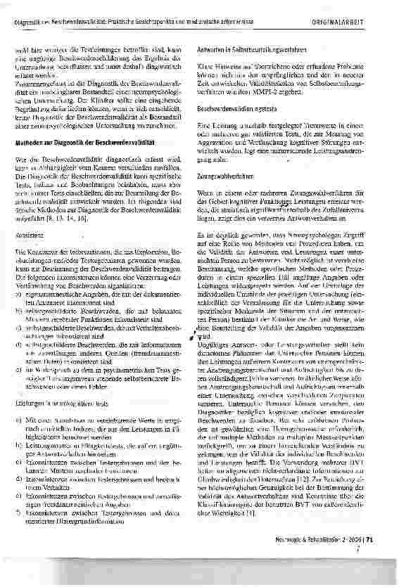 Vorschauseite 3: Diagnostik der Beschwerdenvalidität: Praktische Gesichtspunkte und medizinische Erfordernisse