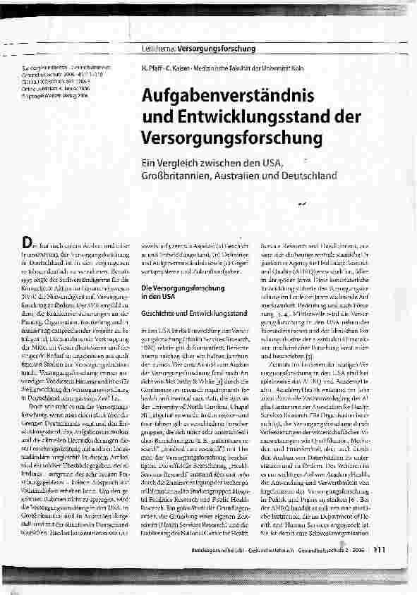 Vorschauseite 1: Aufgabenverständnis und Entwicklungsstand der VersorgungsforschungEin Vergleich zwischen den USA, Großbritannien, Australien und Deutschland