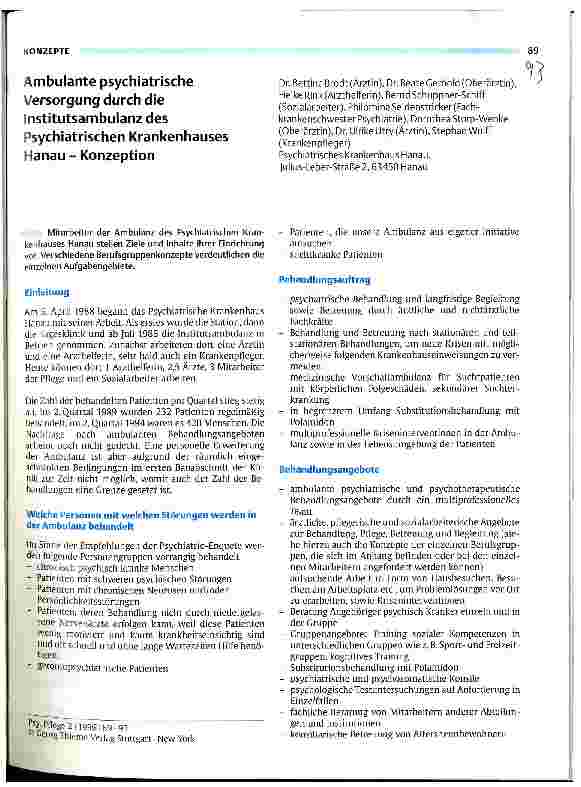 Vorschauseite 1: Ambulante psychiatrische Versorgung durch die Institutsambulanz des Krankenhauses Hanau-Konzeption