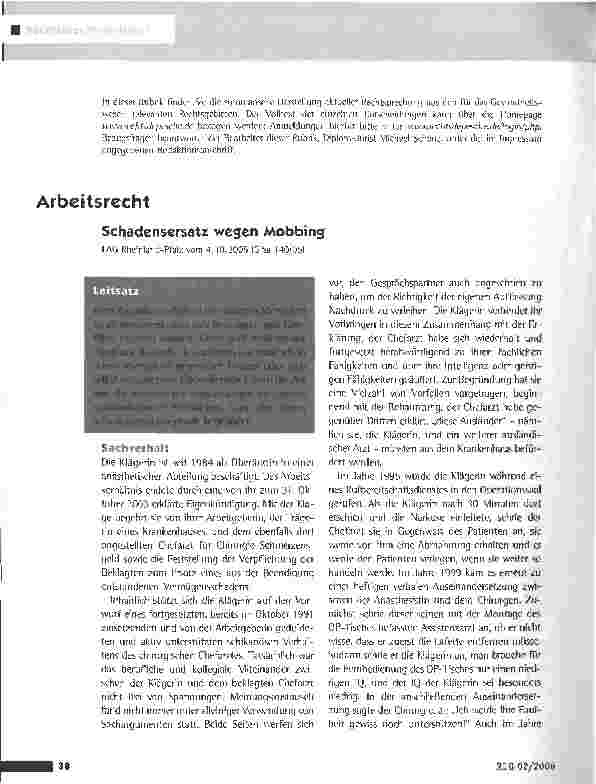 Vorschauseite 1: Schadensersatz wegen MobbingLAG Rheinland-Pfalz vom 4.10.2005 (5 Sa 140/05)