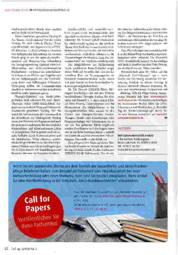 Vorschauseite 2: Familien mit „besonderen Kindern-Cerebralparese im Fokus des „5. Krefelder Tags der Kinderkrankenpflege am 21. November 2015