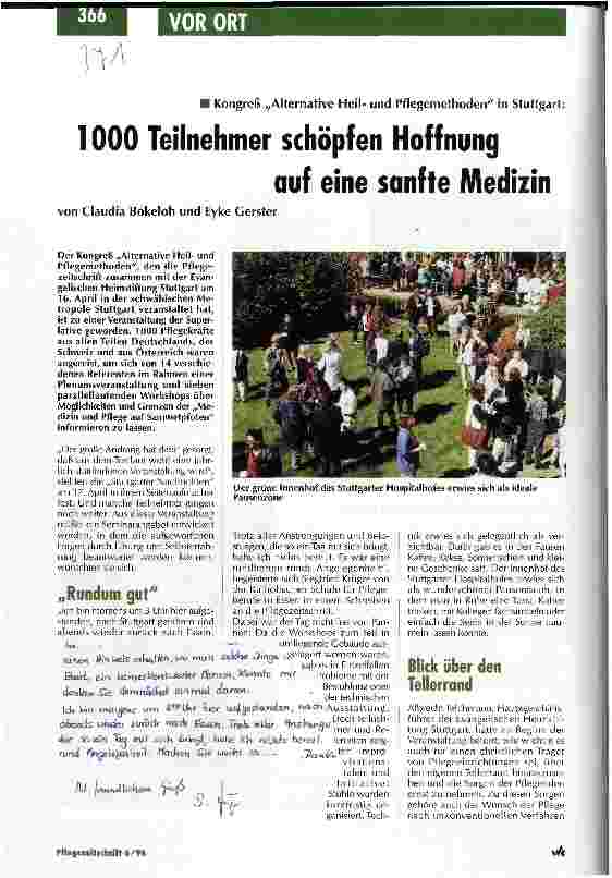 Vorschauseite 1: 1000 Teilnehmer schöpfen neue Hoffnung auf eine sanfte Medizin Kongreß Alternative Heilund Pflegemethoden in Stuttgart