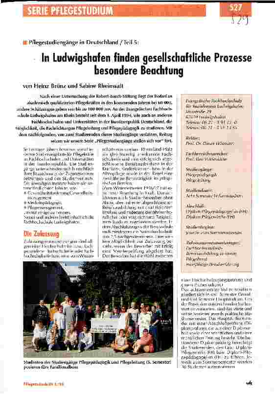 Vorschauseite 1: In Ludwigshafen finden gesellschaftliche Prozesse besondere Beachtung Pflegestudiengänge in Deutschland